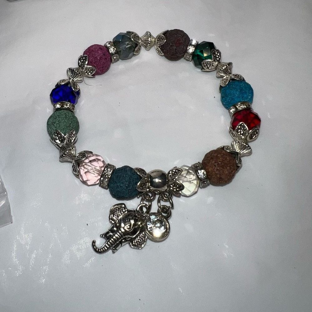 Silver Tone Colorful Lava Rock Bead Good Luck Elephant Charm Bracelet - Picture 6 of 7